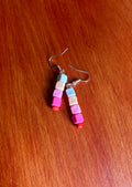 Small dangle earrings with four cube-shaped beads descending from white to dark pink in a gradient. A small red bead is at the bottom. Includes silver fishhook earwires.