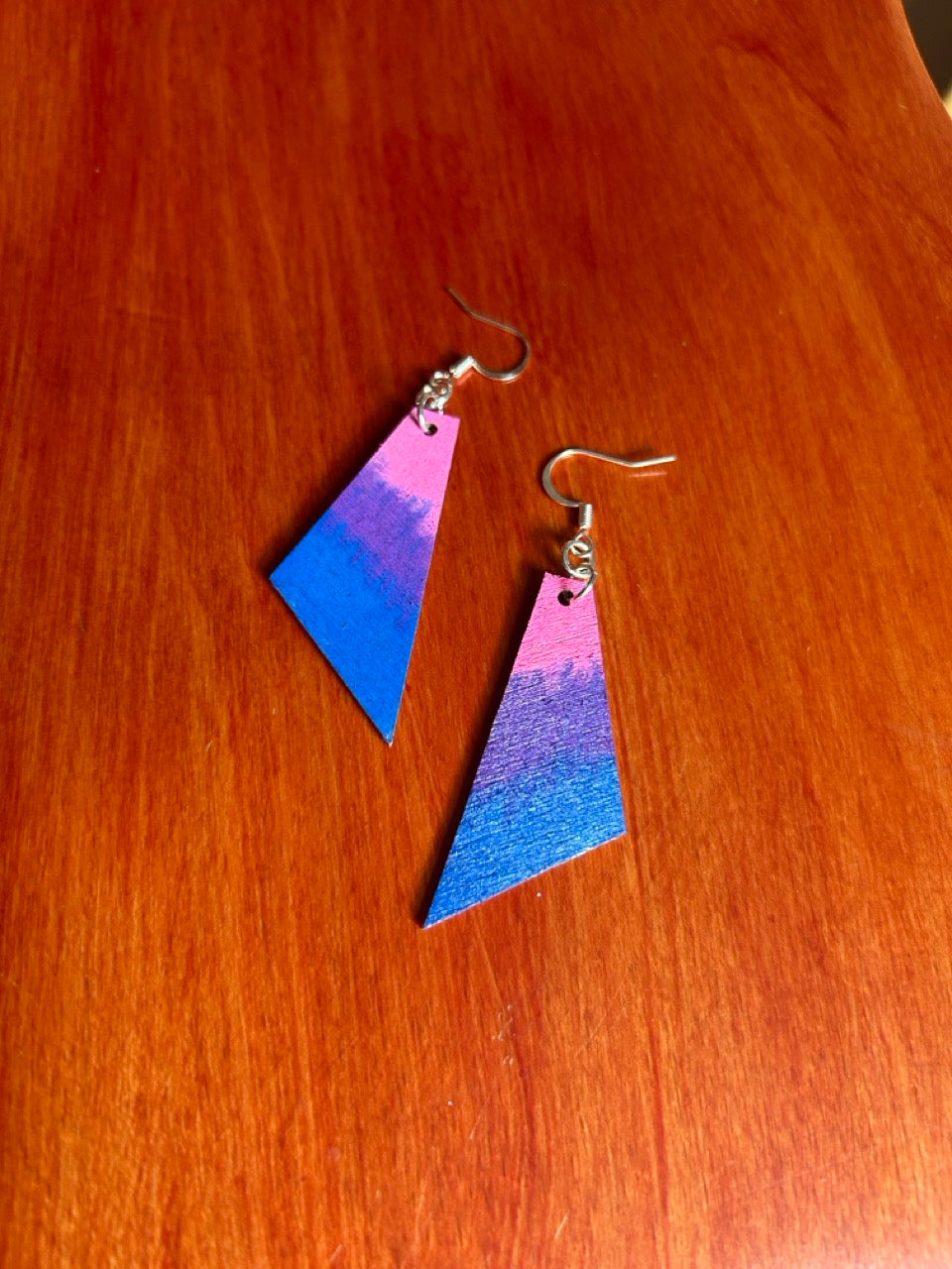 Pink, Purple and Blue Tie-dye Handpainted Wooden Earrings