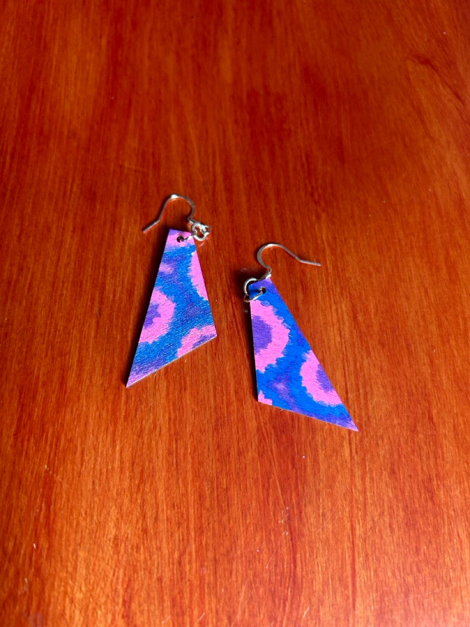 Pink, Purple and Blue Tie-dye Handpainted Wooden Earrings