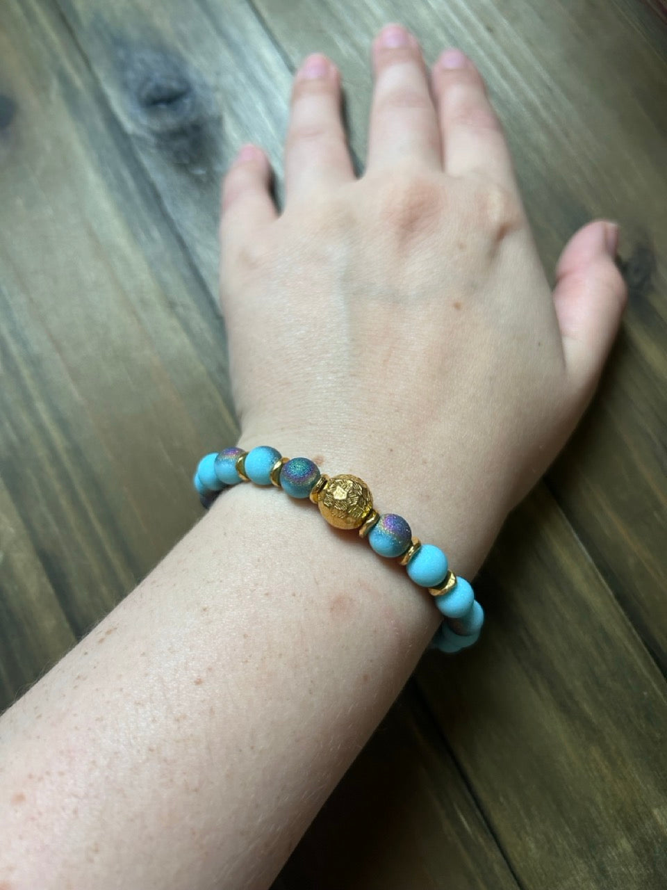 Blue Druzy Quartz Bracelet with Gold Accents