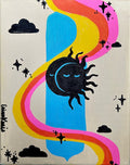 A colorful abstract painting featuring a black crescent moon and sun motif, a bright blue vertical shape, flowing rainbow-like bands in yellow, pink, and orange. There are also silhouette-like black clouds, and small black stars on a light beige background.