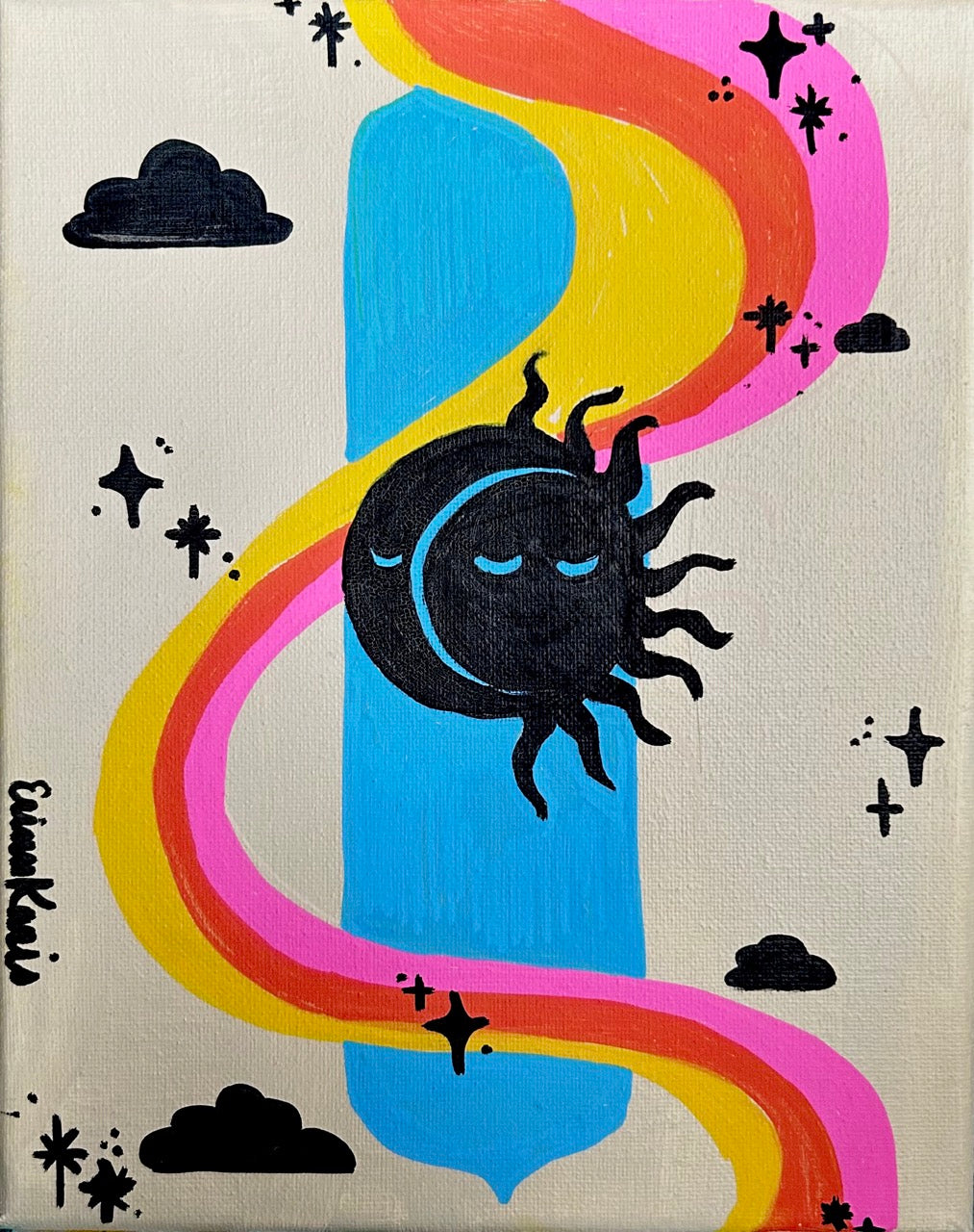 A colorful abstract painting featuring a black crescent moon and sun motif, a bright blue vertical shape, flowing rainbow-like bands in yellow, pink, and orange. There are also silhouette-like black clouds, and small black stars on a light beige background.