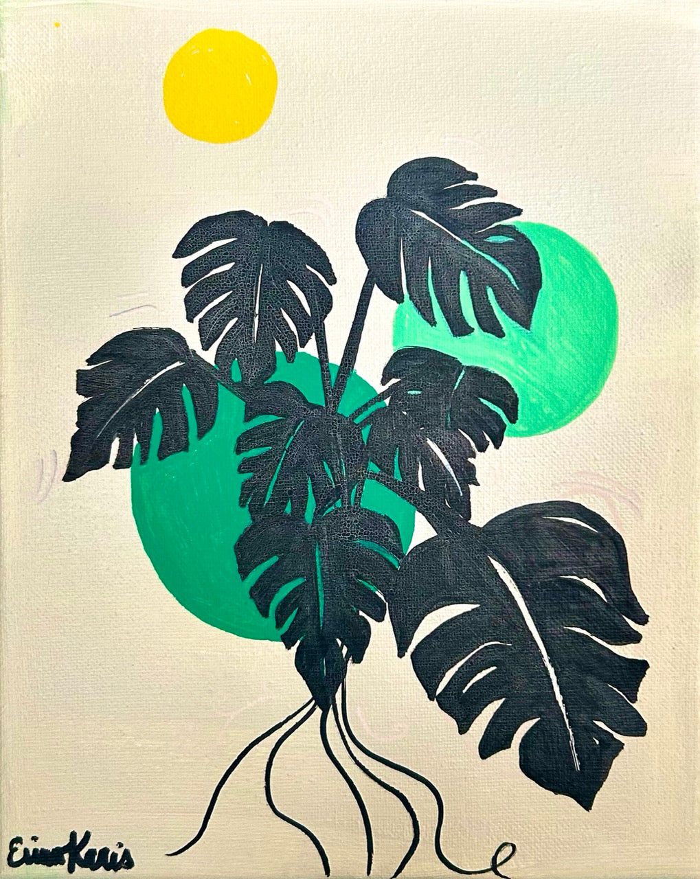 Abstract botanical painting featuring black monstera leaves over bright green circular forms on a cream canvas background. With a yellow "sun" in the top left and  the artist signature 'Erinn Karis' in the lower left.