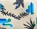 An abstract botanical painting featuring black leafy branches and stems with blue and green oval and rectangular shapes on a warm cream background. Signed 'Erinn Karis' in the bottom-left corner.