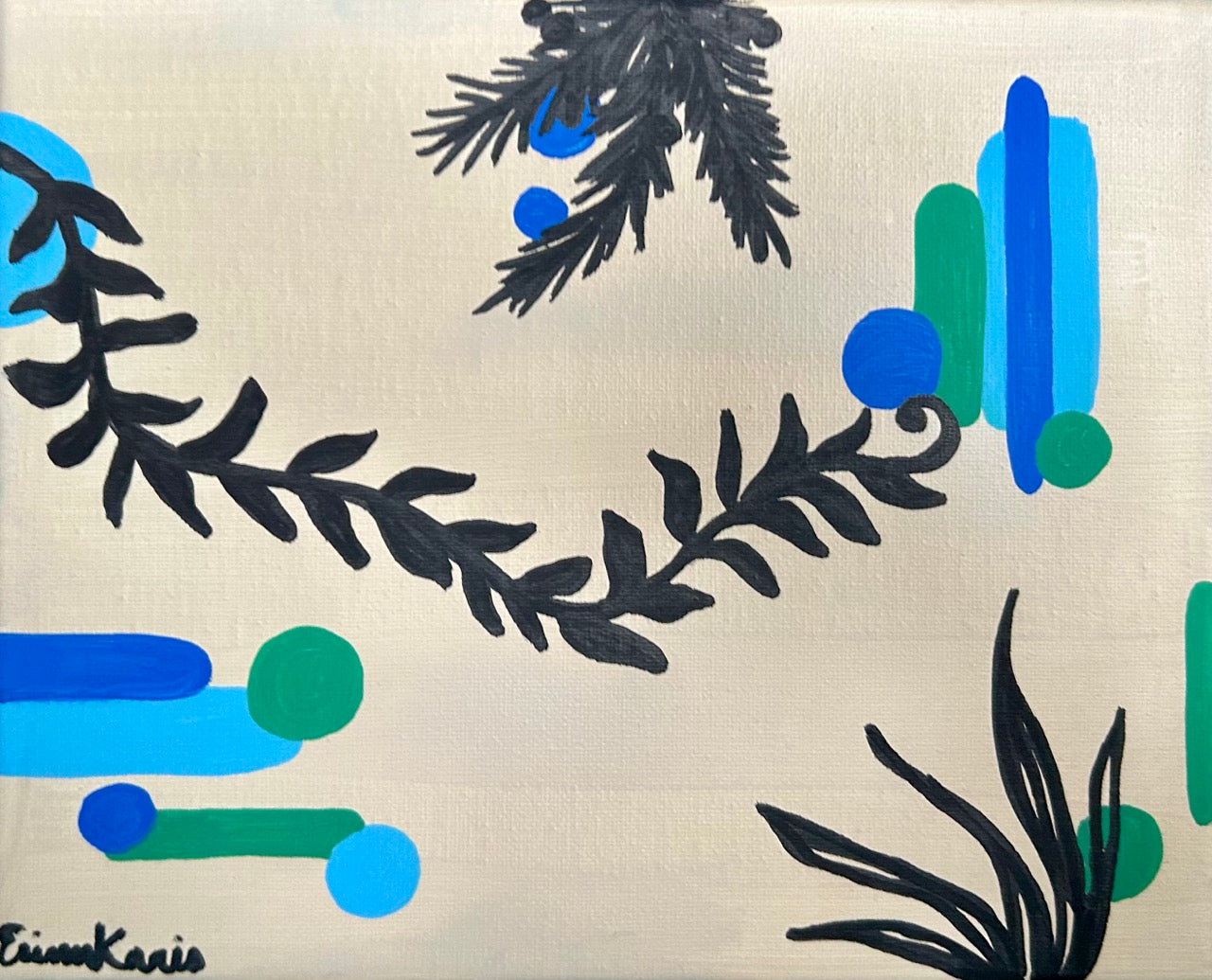 An abstract botanical painting featuring black leafy branches and stems with blue and green oval and rectangular shapes on a warm cream background. Signed 'Erinn Karis' in the bottom-left corner.